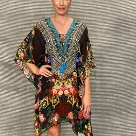 Silk Short Kaftan With Swarovski SK - 56